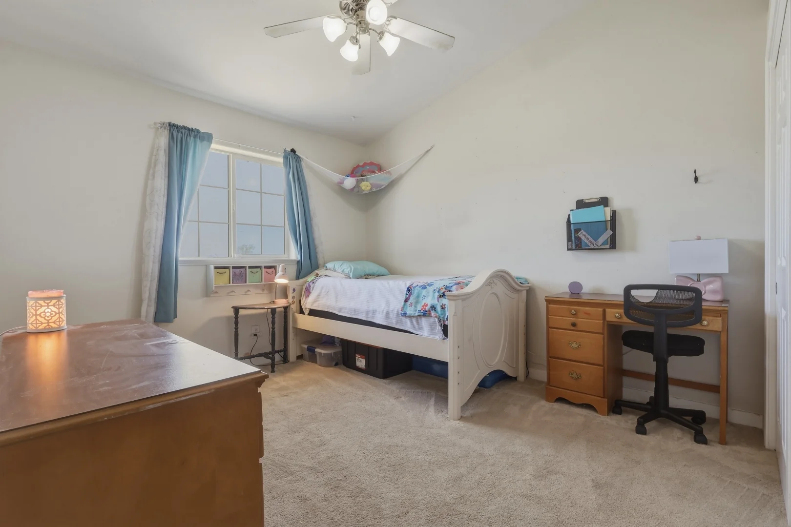 Secondary bedroom with neutral carpet and large window